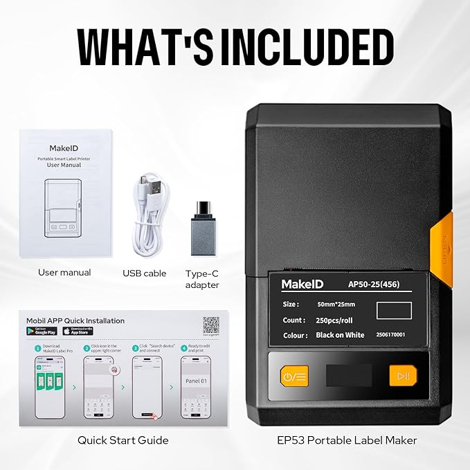 Makeid EP53 Portable Industrial Label Maker, 2" Print Head Bluetooth Label Printer, Mobile APP & PC Editor Compatible, 2000mAh Li-ion Battery, Come with 1" H x 2" W Label for Job Sites