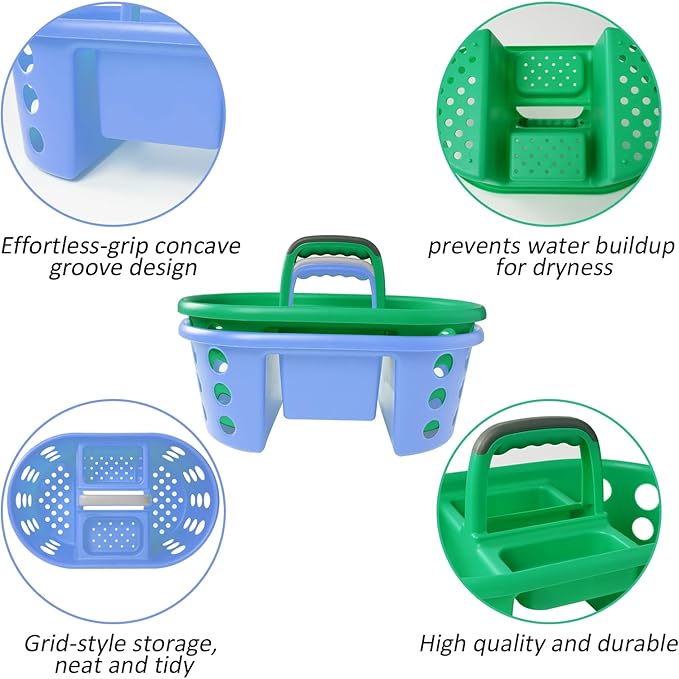 Large Shower Caddy Portable 2PC - Made in USA Plastic Jumbo Size Dorm Storage Candy Tote with Handle Shower Organizer for Bathroom, Pantry, Kitchen, College Dorm, Green/Periwinkle