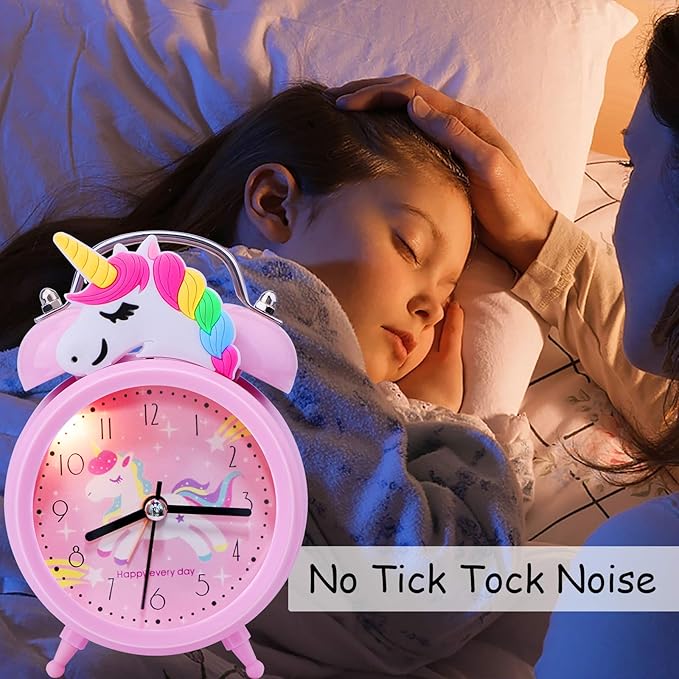 Unicorn Alarm Clock for Girls Kids, Cute Bedroom Decoration, Non Ticking Silent Second Hand, w/Backlight Super Loud Twin Bell, for Kids Unicorn Gifts (Pink)