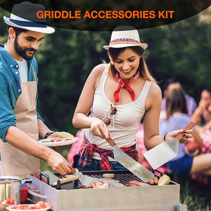 onlyfire Professional Barbecue Tool Kit Grill Griddle Tools Flat Top Griddle Accessories for Camping, Outdoor Hibachi, Backyard-Set of 5