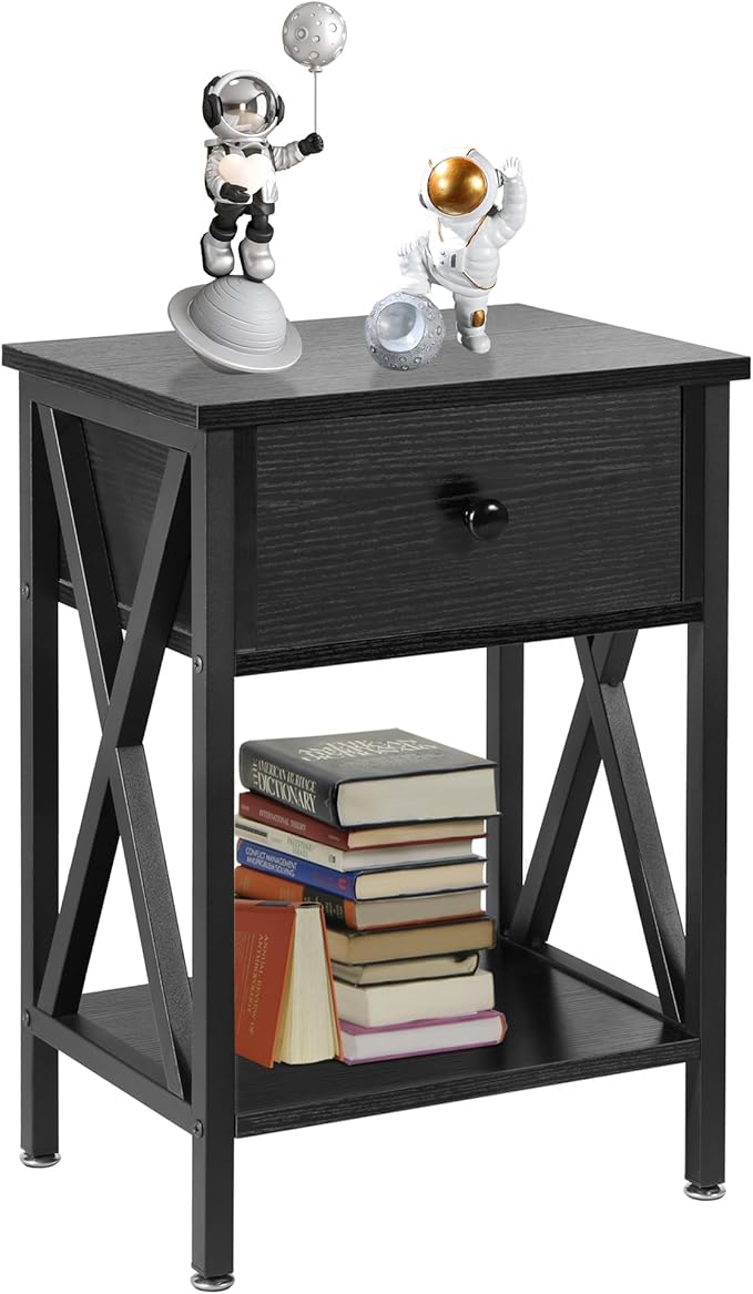 VECELO Nightstand,Modern Bedside End Table, Night Stand with Drawer and Storage Shelf for Living Room Bedroom, Industrial Metal Frame