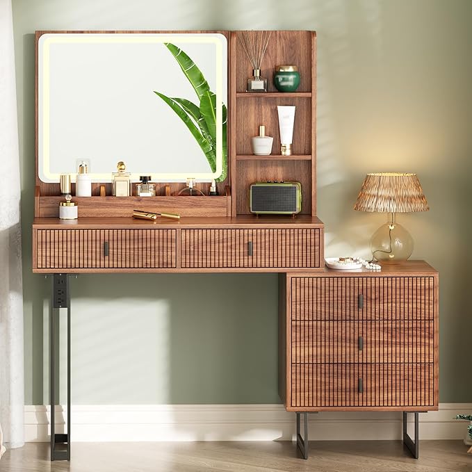 Large Vanity Desk with 3 Color Touch Screen Dimming Mirror, Vanity Desk with Charging Station, Modern Retractable Makeup Dressing Table, Makeup Table With storage shelves and 5 Sliding Drawers, Walnut