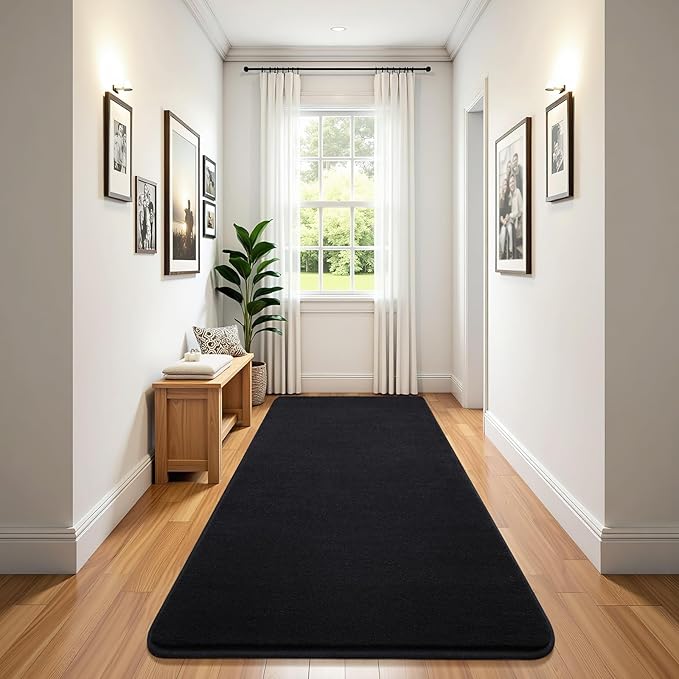 Soft 2x8 Runner Rugs for Bedroom Hallway, Non Slip Long Runners for Kitchen Laundry Dorm Washable, Modern Low Pile Area Rugs for Boys Men, Black
