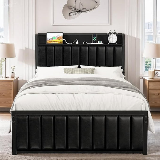 VECELO Twin Bed Frame with Headboard, Upholstered Platform Bedframe, Heavy Duty Metal Slats, No Box Spring Needed, Easy Assembly, PU Black