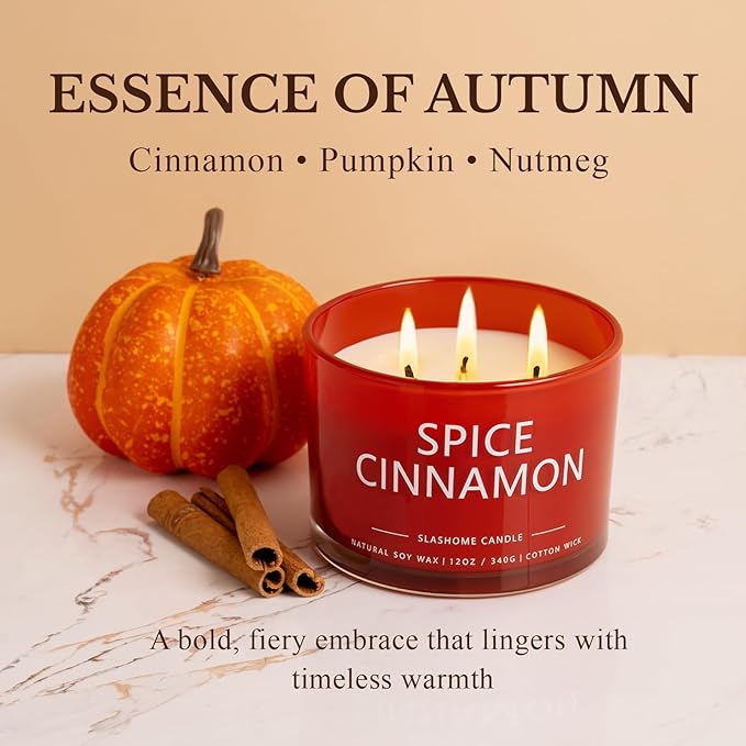 Cinnamon Spice Fall Candle, Large 3 Wick 12oz Luxury Candle, Elegant Autumn Gift for Women & Men, 60+ Hour Burn Time & Non-Toxic, Cozy Fall & Halloween Home Decor