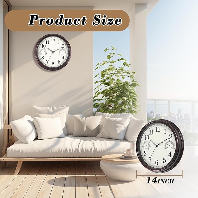 14 inch Outdoor Wall Clock, Plastic Waterproof Outdoor Clock with Temperature & Humidity, Water Resistant Wall Clocks for Patio Garden, Dark Brown