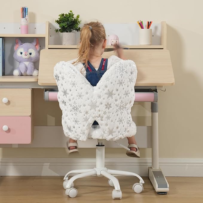 Butterfly Kids Desk Chair, Adjustable, Swivel, Faux Fur, White