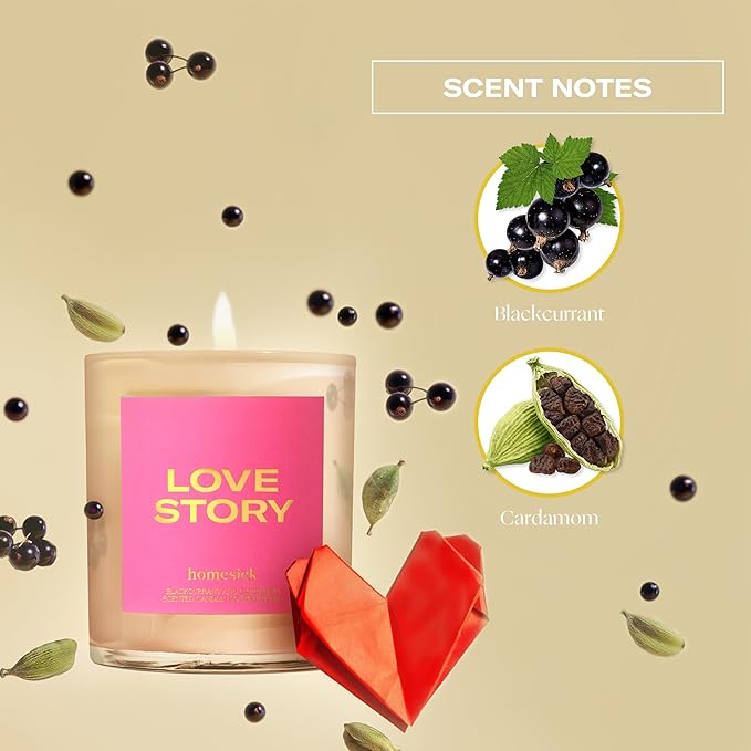 Homesick Scented Candles for Home (Love Story) - 7.5 oz Long-Lasting Natural Soy Wax Blend Jar Candle Gift for Women & Men for All Occasions, 30-35 Hours Burn Time - Notes of Blackcurrant & Cardamom