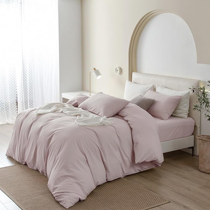 JIYUAN 100% Washed Cotton Duvet Cover Set 3 Pieces King, 1 Duvet Cover 104x90 Inches (Comforter Not Included) and 2 Pillowcases,Linen Feel Bedding Set Comfy and Breathable, Heathered Greyish Pink