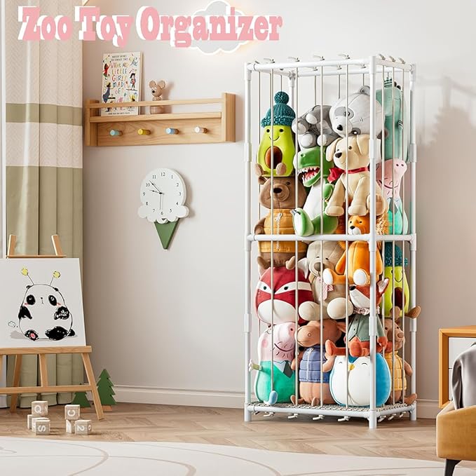 Stuffed Animal Storage Zoo Toy Organizer Corner Chest Plush PVC Material Extra Large Holder Metal Standing Space Save Vertical With Elastic For Nursery Kids Room,White(Medium) (White, Medium)