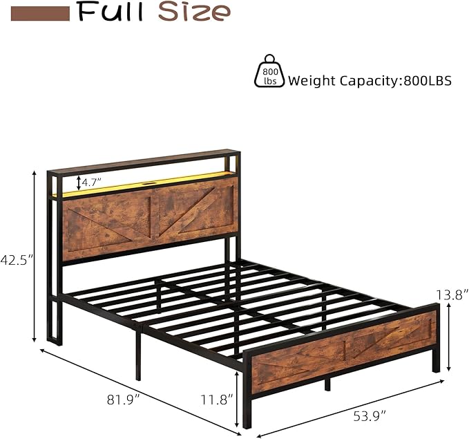 Full Size Bed Frame with LED Lights and Charging Station, Metal Platform Bed Frame Full with Storage and Rustic Barn Door Headboard, Noise Free, No Box Spring Needed, Easy Assembly, Rustic Brown