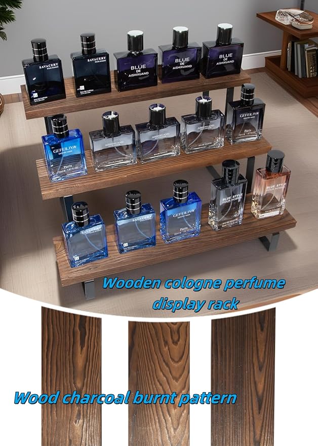 Wooden Cologne Organizer Stand Display Riser Stand Tiered Perfume 3 Tier Organizer Rustic Display Shelf for Cupcake Candle Fragrance Crystal Stone Succulent plant Small ornament