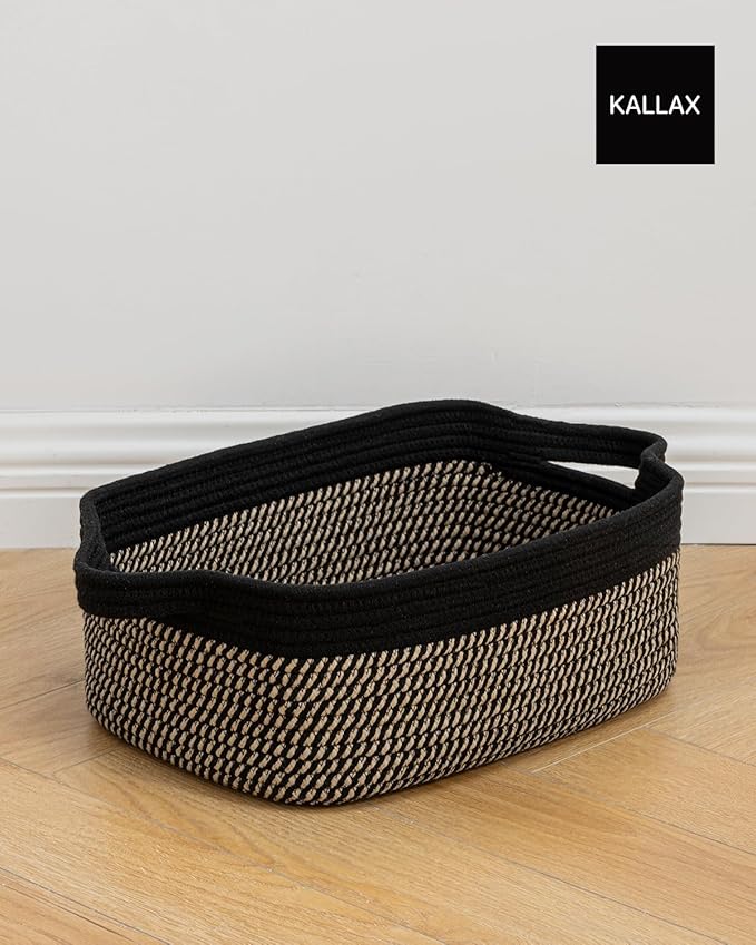 KALLAX Small Woven Basket, 14 x 10 x 5.6 Inches, Small Storage Baskets for Organizing, Gift Baskets Empty, Cute Rope Shelf Closet Storage Bins for Shelves, Dog Toy Basket, Black & Brown