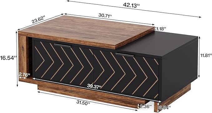 Tribesigns Extendable Coffee Table with 2 Storage Drawers, Dual-Tone Center Table with Sliding Tabletop, Multi-Functional Hidden Storage Wooden Rectangle Cocktail Table for Living Room (Brown & Black)