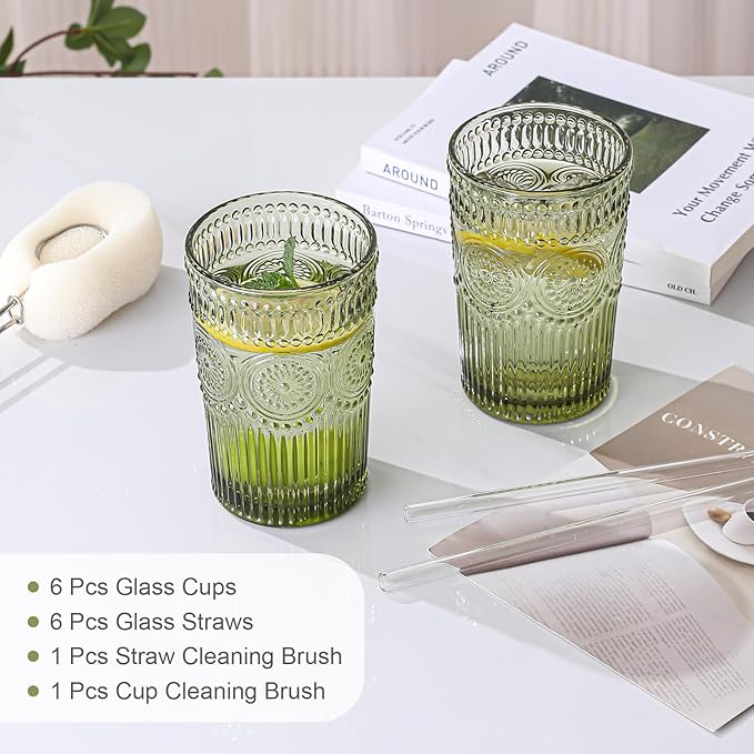 Vintage Glassware Drinking Glasses Set of 6,13 oz Green Textured Flower Design Glass Water Tumblers,Embossed Striped Drinkware for Water,Cocktails,Juice,Iced Coffee