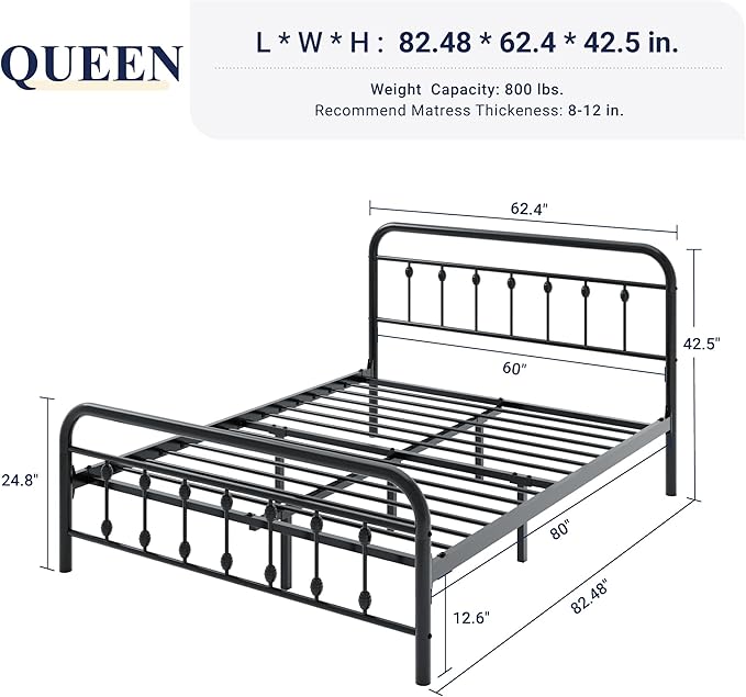 Allewie Queen Size Metal Platform Bed Frame with Victorian Style Iron-Art Headboard and Footboard, Easy Assembly, Under Bed Storage, No Box Spring Required, Black