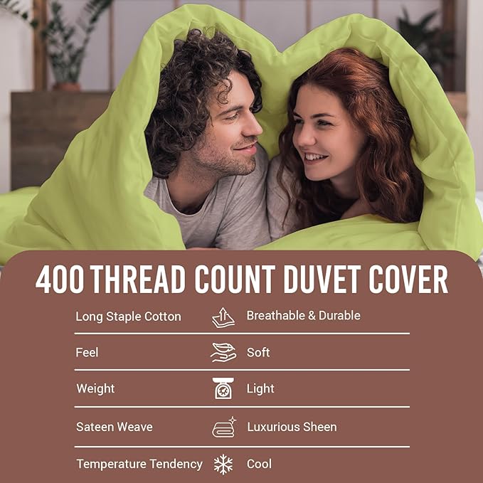 Pizuna Pure 100% Cotton Queen Duvet Cover Set, Luxurious 400 Thread Count Long Staple Cotton Sateen Weave with Button Closure (Combed Light Green Cotton Duvet Cover Queen)