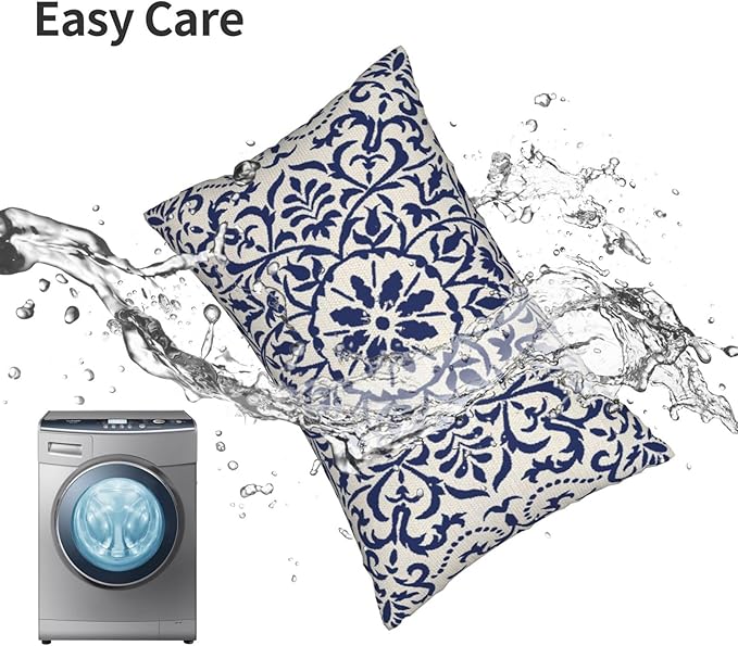 Navy Blue Boho Lumbar Pillow Covers 12x20 Set of 2, Bohemian Ethnic Carpet Pattern Design Decorative Throw Pillows Linen Farmhouse Cushion Pillow Covers for Sofa Couch Outdoor Decor