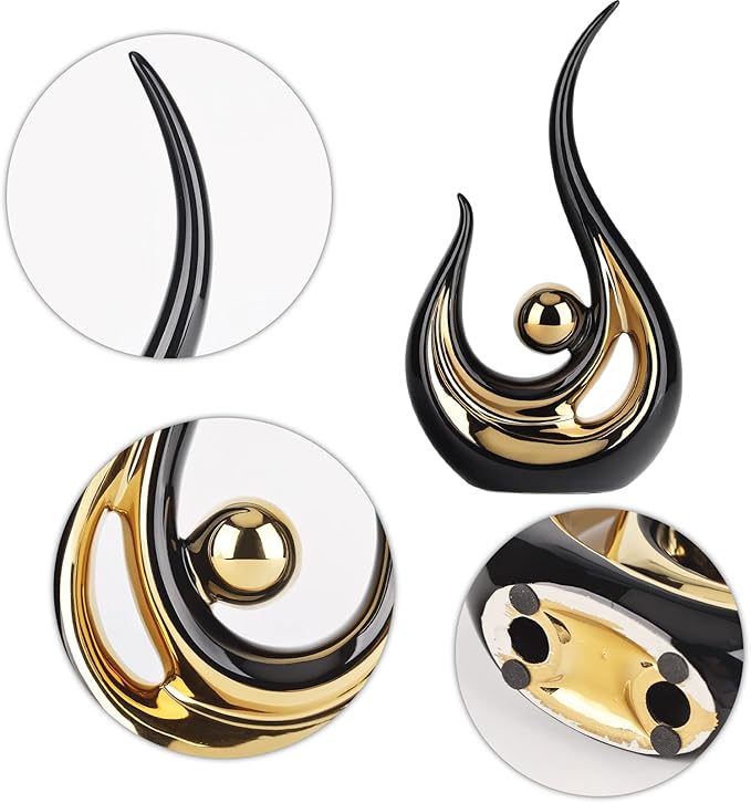 Black and Gold Home Decor, Abstract Ceramic Statue 2 Piece Set for Living Room Coffee Table Decor, Home Office, Room Decor, Table Decor