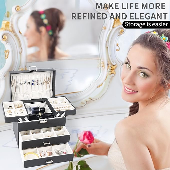 Dajasan Jewelry Boxes for Women Girls, Jewelry Organizer Box, 4 Layers Large Jewelry Storage Organizer for Earring, Ring, Necklace, Bracelets (Black)