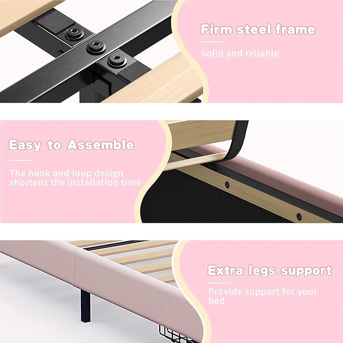 EnHomee Queen Bed Frame with LED, Velvet Upholstered Cloud Headboard and 2 Drawers, Bed Frame Queen Size with Height Adjustable Headboard, Solid Wooden Slats, No Box Spring Needed, Easy Assembly, Pink