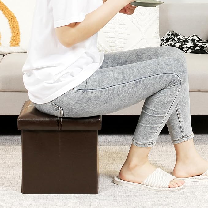B FSOBEIIALEO Folding Storage Ottoman, Faux Leather Footrest Seat Coffee Table Toy Chest Kids, Brown 11.8"x11.8"x11.8"