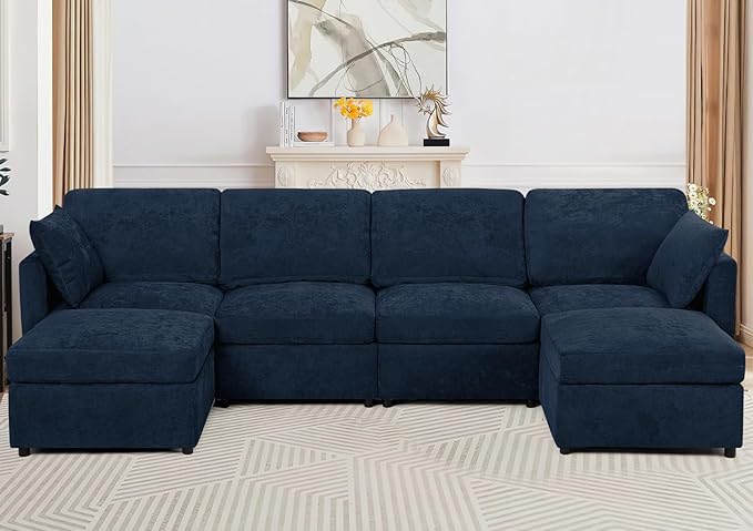 110” Chenille 4 Seats Sofa W/2 Movable Ottoman, Modern Fabric U-Shaped Couch with Soft Backrest, Upholstered Sectional Sofa with Armrest Pillows for Living Room, Office, Blue