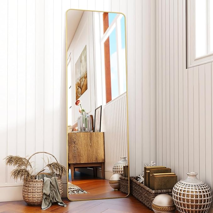 BEAUTYPEAK 59"x16" Mirror Full Length, Standing or Leaning Rounded Corner Full Body Floor Mirror with Metal Framed,Suitable for Living Room or Bathroom,Gold