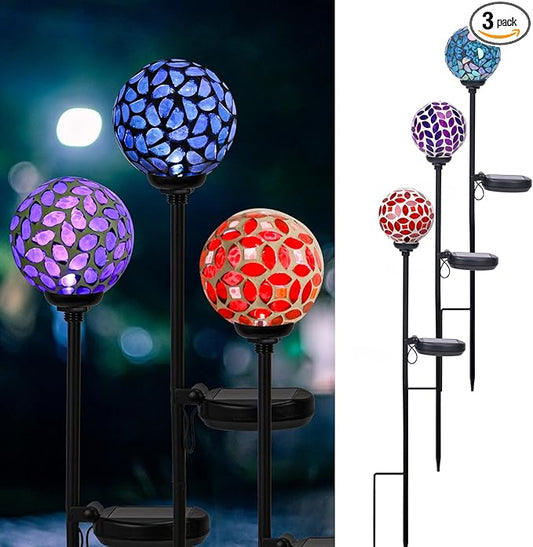 VCUTEKA Solar Garden Decorative Lights Outdoor, Mosaic Solar Light Waterproof LED Pathway Stake Light for Landscape Patio Yard Deck Walkway Decoration, 3 Pack (Blue&Purple&Red)