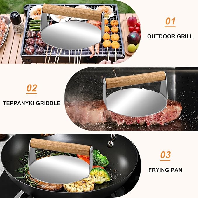 Burger Press Round Stainless, Wood & Anti - Scald Handles (Round)