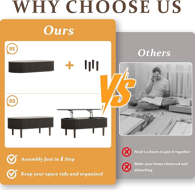 EAG Fluted Lift Top Coffee Table with Hidden Compartment, Modern Oval Coffee Table with Storage, Fully Wood Center Table for Living Room, Office, Black