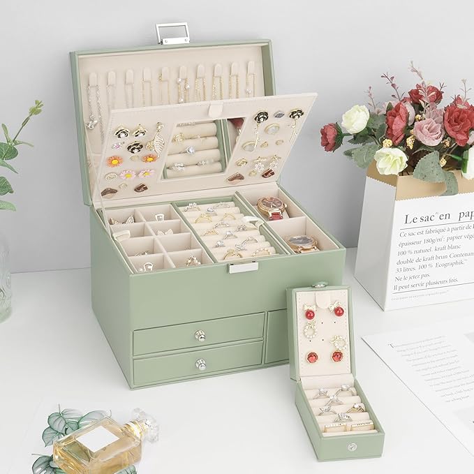 Jewelry Organizer Box, 3 Layers Large Jewelry Box with Travel Jewelry Case and Removable Tray, Jewelry Storage Case with Mirror for Necklaces Earrings Rings Bracelets Watches (Avocado Green)