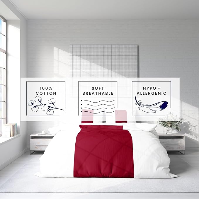 Kotton Culture 3 Pc King Size Duvet Cover Set- 100% Egyptian Cotton Sateen 600 Thread Count Ultra Soft Premium Durable Comforter Cover Zipper Closure & Corner Ties (Snow Red, King 102"x94")