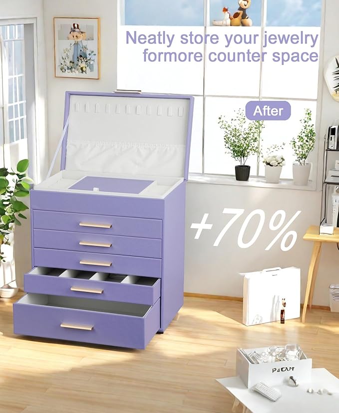 BOOVO Jewelry Box with Necklace Hanger – 6 layer Jewelry Organizer for Women with 5 Drawers, Large Jewelry Storage Boxes –Jewelry Organizers and Storage for Earrings, Necklaces (Purple, 6 layer)