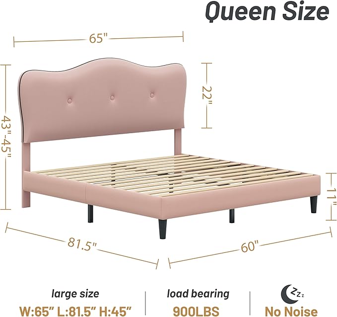 Queen Size Bed Frame, Upholstered Bed Frame with Headboard, Platform Bed Frame with Wood Slats Support, No Box Spring Needed, Adjustable Height Headboard, Pink