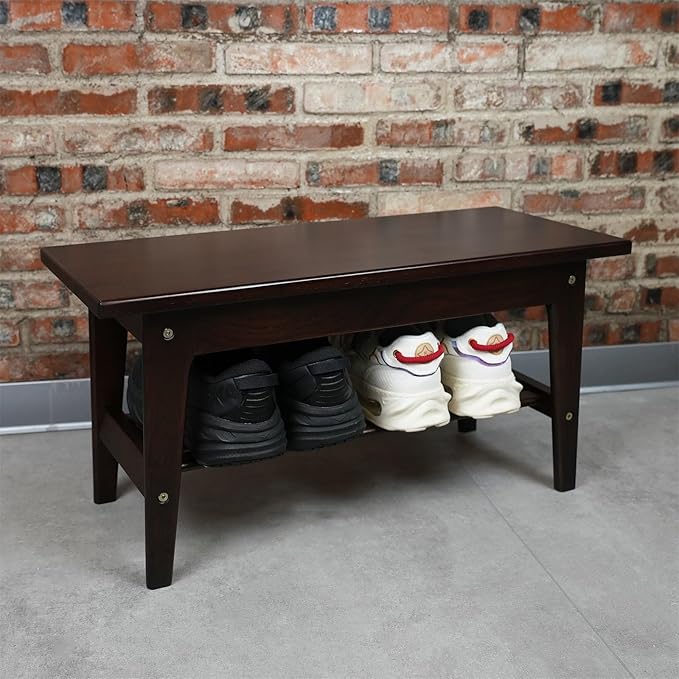 CONSDAN Wood Shoe Bench Rack, USA Grown Hickory, Entryway Bench with Shoe Storage, Mud Room Bathroom, Front Door, Outdoor/Indoor, Dark Walnut(Black)