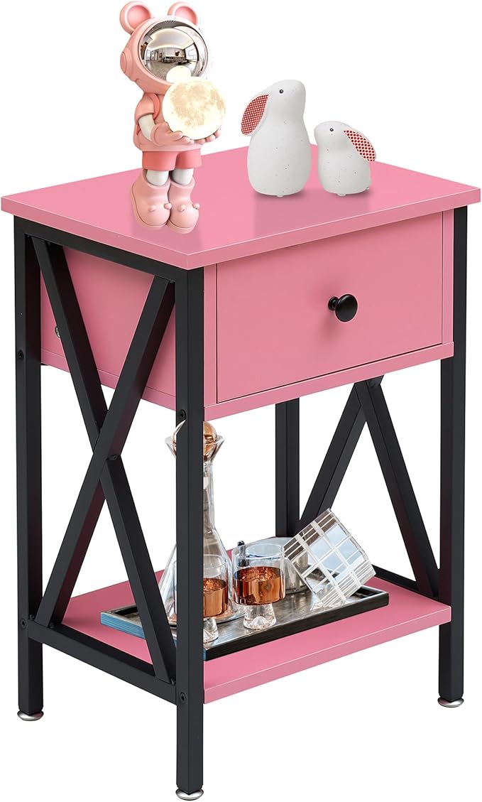 VECELO Nightstand,Modern Bedside End Table, Night Stand with Drawer and Storage Shelf for Living Room Bedroom, Industrial Metal Frame