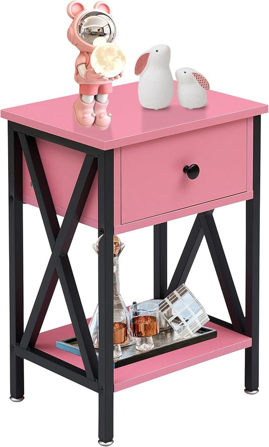 VECELO Nightstand,Modern Bedside End Table, Night Stand with Drawer and Storage Shelf for Living Room Bedroom, Industrial Metal Frame