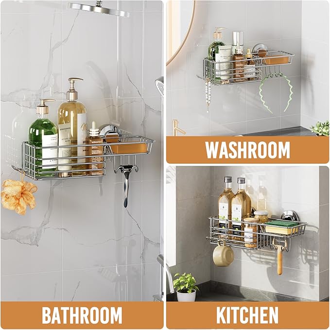 LEVERLOC Shower Caddy Suction Cup, Shelves for Inside with Hooks & Soap Holder Toothbrush Holder, NO-Drilling Bathroom Organizer, Rustproof Holder Storage, Silver