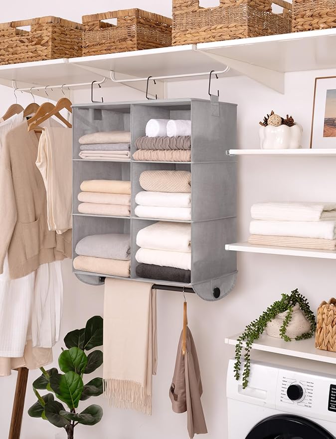 StorageWorks Hanging Closet Organizer with Metal Rod, 6-Section Closet Organizers and Storage, Collapsible Hanging Shelves for Closet, Bedroom, Kids Dorm Room, RV Camper, Grey and White