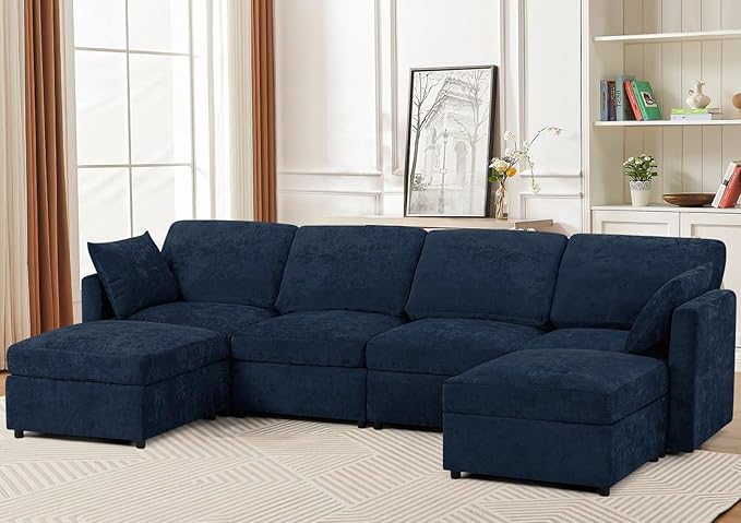110” Chenille 4 Seats Sofa W/2 Movable Ottoman, Modern Fabric U-Shaped Couch with Soft Backrest, Upholstered Sectional Sofa with Armrest Pillows for Living Room, Office, Blue