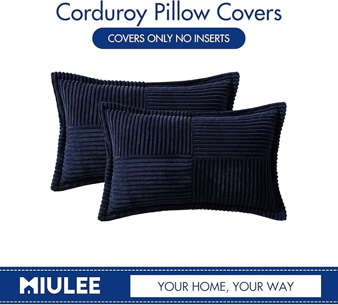 MIULEE Decorative Lumbar Throw Pillow Covers for Couch Bed Livingroom 12x20 Inch Set of 2 Navy Blue Boho Accent Throw Pllows Broadside Striped Patchwork Soft Corduroy Summer Coastal Pillowcases