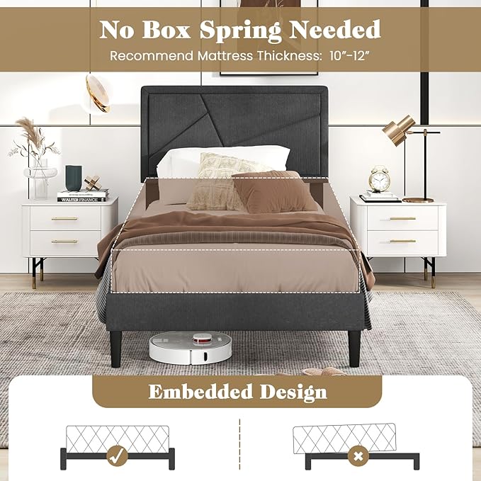 Giantex Twin Bed Frames with Headboard, Modern Upholstered Platform Bed Frame with Geometric Tufting Headboard, Wooden Slats Support, No Box Spring Needed, Gray