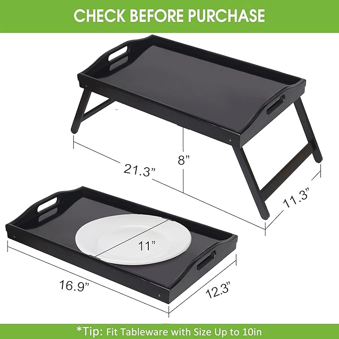 Bed Tray Table with Folding Legs Kitchen Breakfast Food Tray Platters Serving Tray Foldable TV Table Laptop Computer Desk Snack Tray(Black Large)