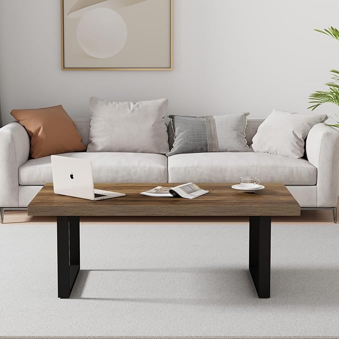 IBF Farmhouse Coffee Table, Modern Simple Wood Coffee Tables for Living Room, Industrial Minimalist Rectangle Center Table, Wood and Metal Tea Coffee Table for Home Office Bedroom, Rustic Oak, 39 in
