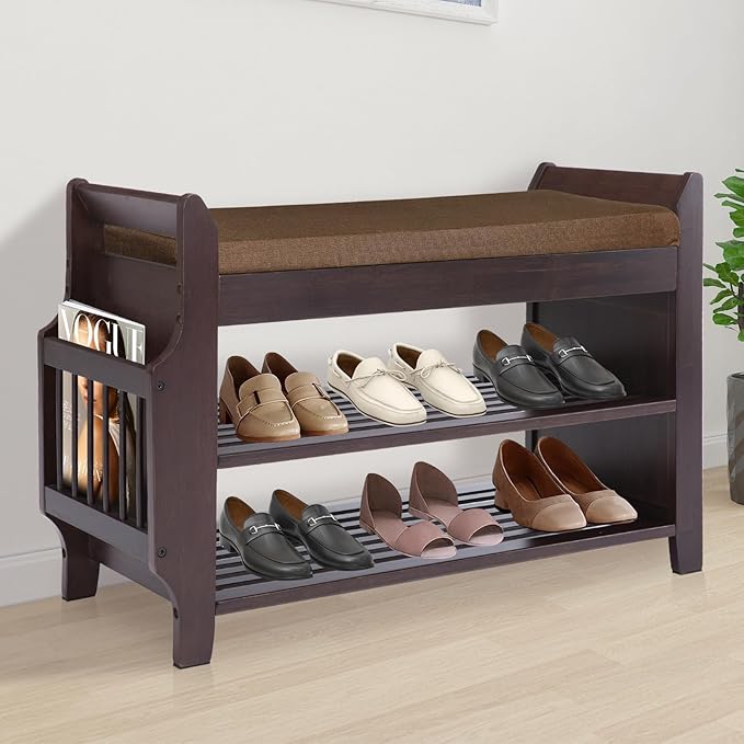 Bamboo Shoe Storage Bench, 3-Tier Shoe Rack with Padded Seat Cushion, Shoe Organizer Shelves for Entryway, Living Room, Bedroom, Hallway, Brown 31”