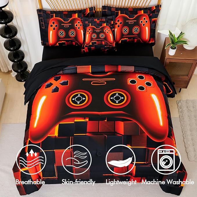 PERFEMET 6-Piece Gamer Comforter Black Orange Video Game Boys Bedding Set for Kids Teens Bedroom 3D Cool Soft Fluffy Gaming Bed in A Bag Set with Sheets(Orange, Queen)