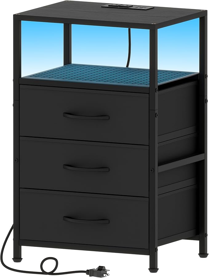 End Table with Charging Station, 11" D x 15" W Night Stand with LED Light, Nightstand with Fabric Drawers, Bedside Table with Open Shelf, Side Table for Bedroom, Living Room, Black