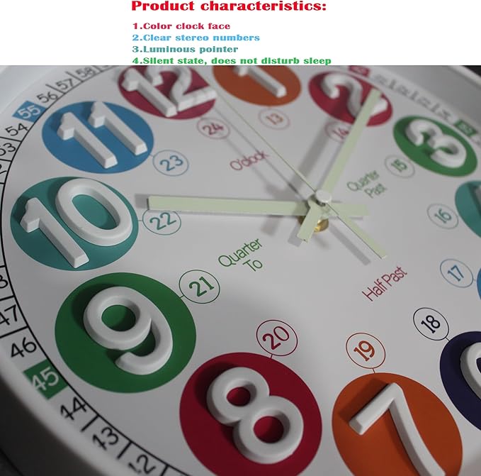 Wall Clocks,Learning Time Clock,12 Inch 3D Numbers Colorful Clock Face Silent Luminous Clocks,Clear Digital Wall Clock (3D White Luminous)