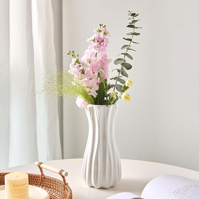 8 Inch White Ceramic Vase, Modern Flower Vases for Centerpieces Decorative Vase Home Decor, Minimalist Tall Vases for Bouquet Table Living Room Office Wedding Farmhouse Decor